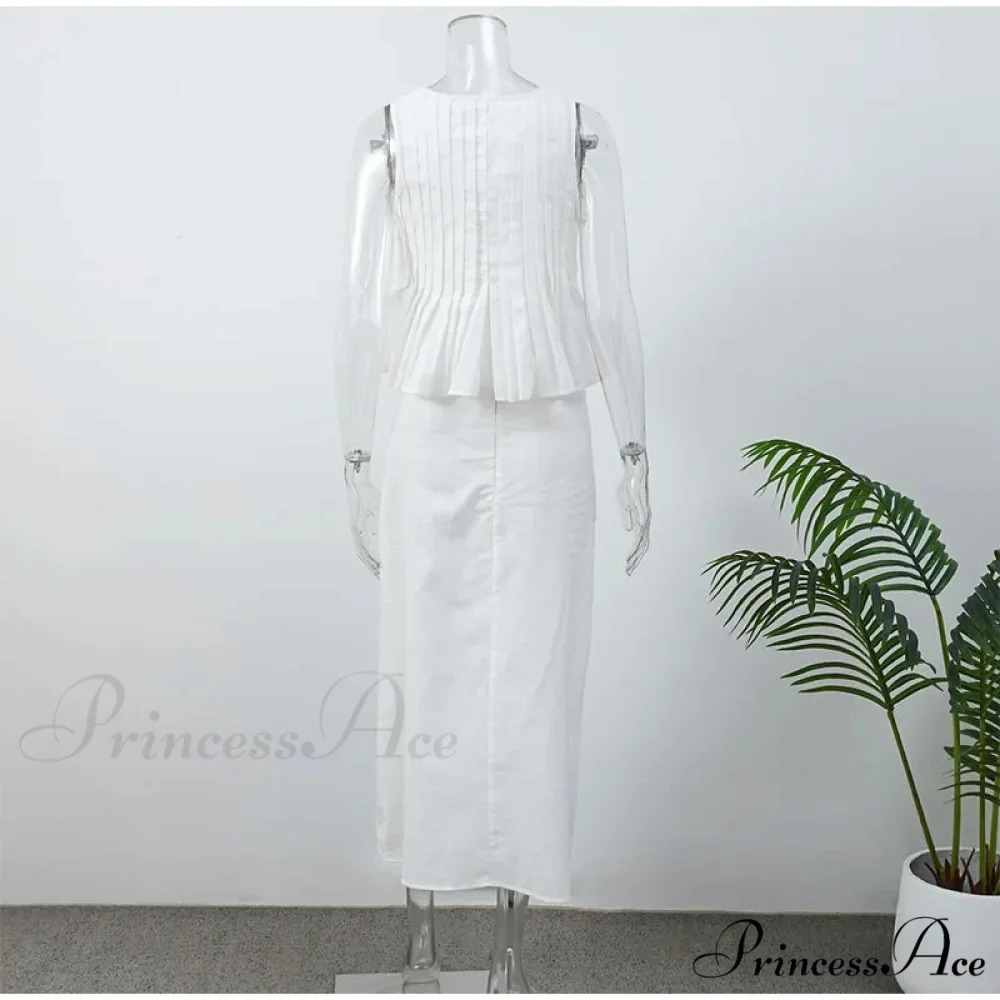 Pleated Tie Up Sleeveless Graceful Top And Midi Skirt Set - Image 7