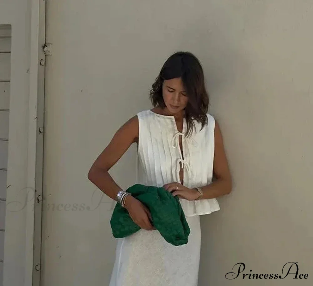 Pleated Tie Up Sleeveless Graceful Top And Midi Skirt Set - Image 8