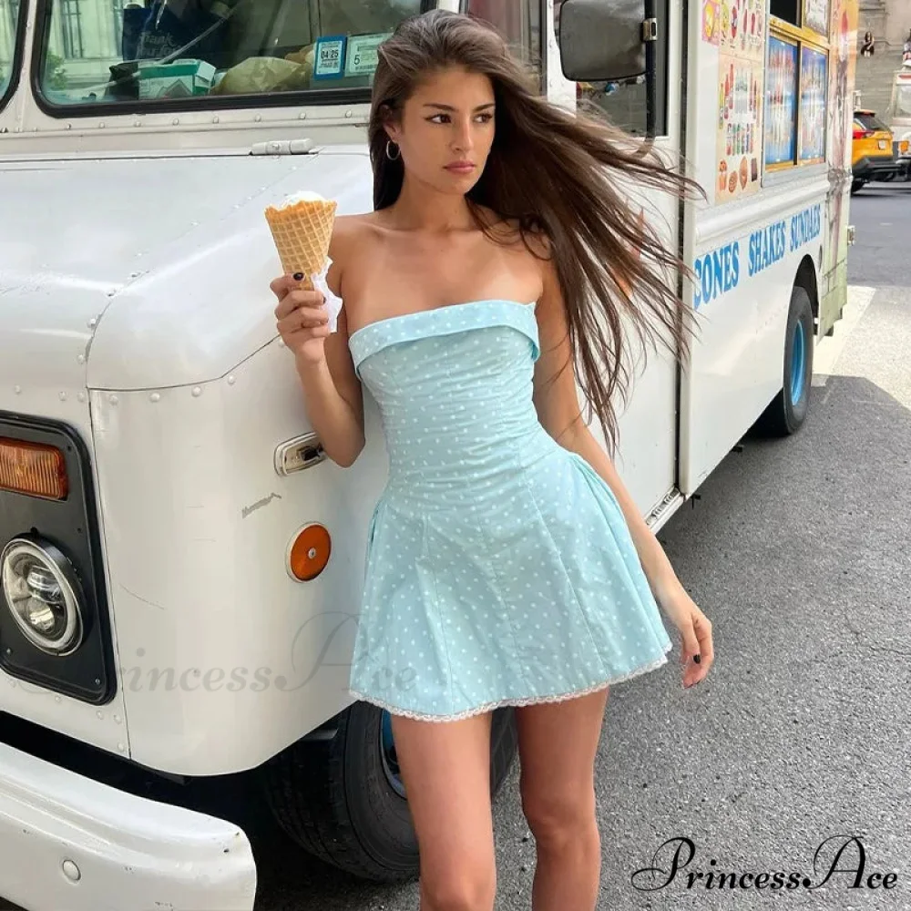 Blue Strapless Polka Charming Dot Mini Dress - Image 2