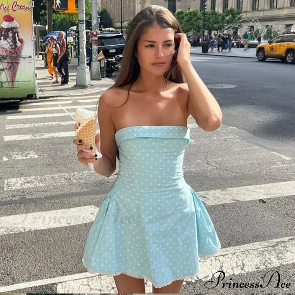 Blue Strapless Polka Charming Dot Mini Dress - Image 3