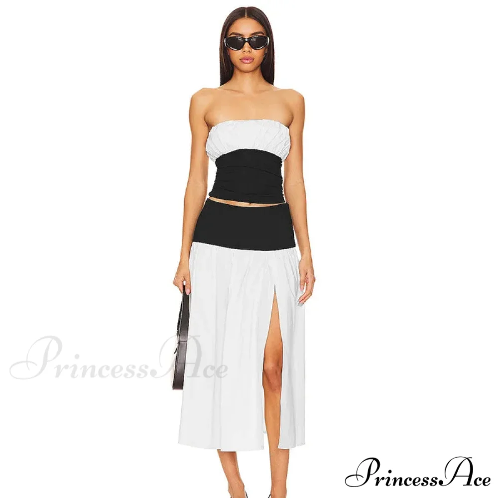 Black and White Patchwork Tube Trendy Top And Slit Long Skirt Set - Image 4