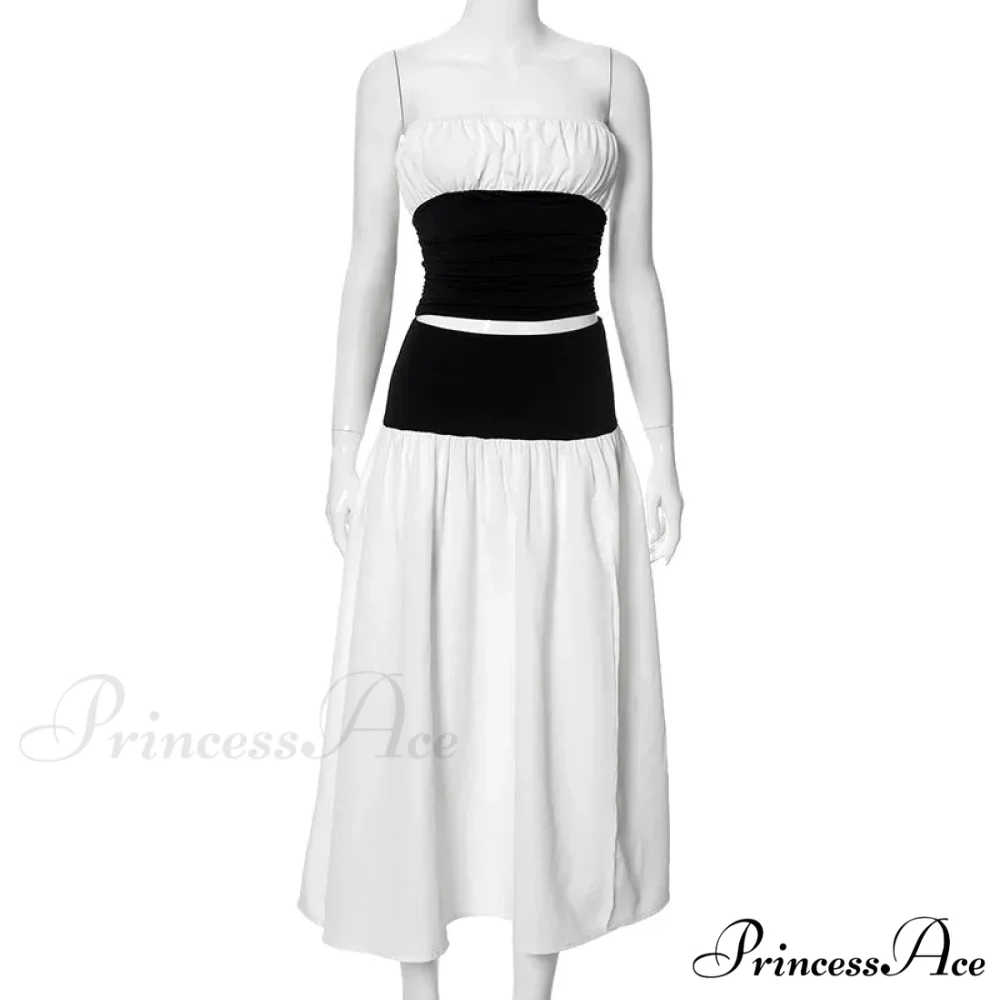 Black and White Patchwork Tube Trendy Top And Slit Long Skirt Set - Image 5
