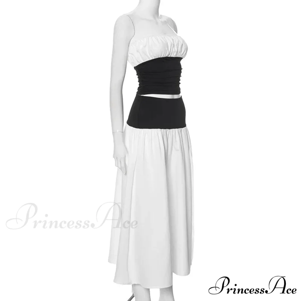 Black and White Patchwork Tube Trendy Top And Slit Long Skirt Set - Image 6