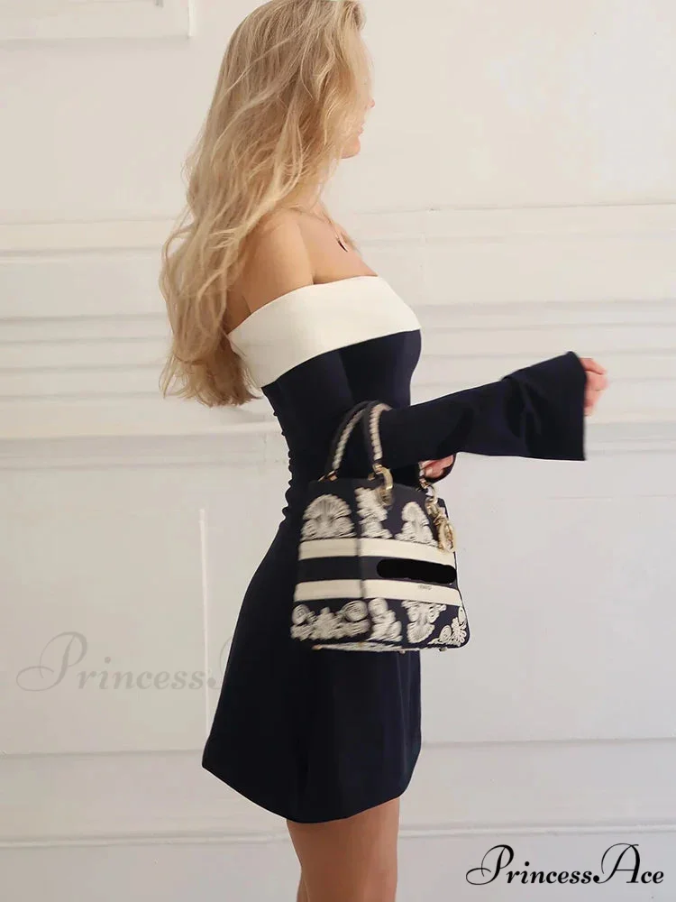 Off-Shoulder Contrast Long Charming Sleeve Mini Dress - Image 9