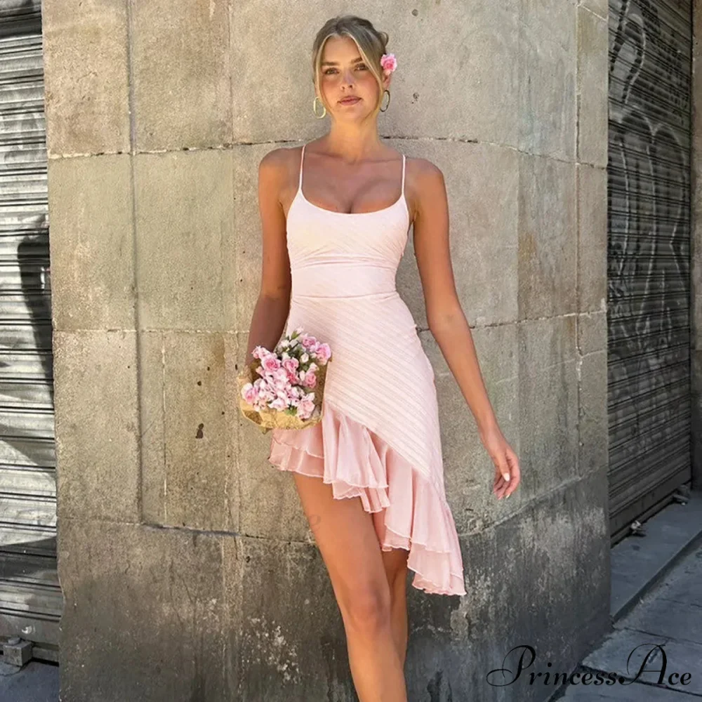 Pink Asymmetric Frill Charming Trim Cami Mini Dress - Image 10