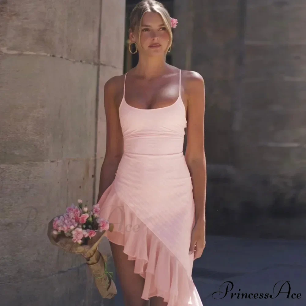 Pink Asymmetric Frill Charming Trim Cami Mini Dress - Image 4