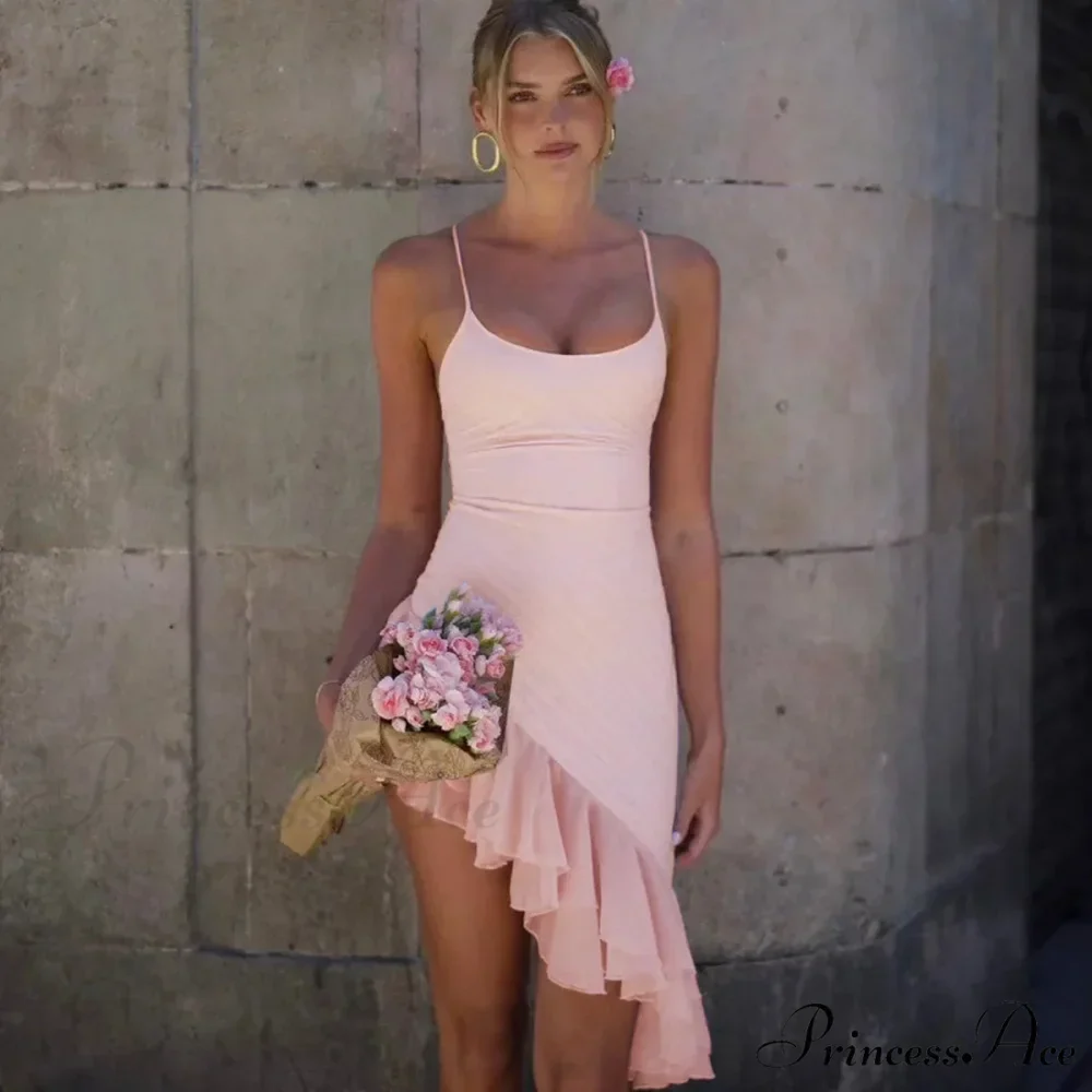 Pink Asymmetric Frill Charming Trim Cami Mini Dress - Image 5
