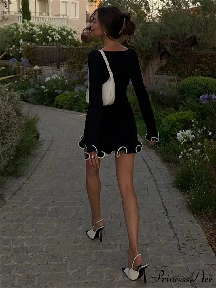 Long Sleeve Knit Charming Ruffled Trim Mini Dress - Image 10