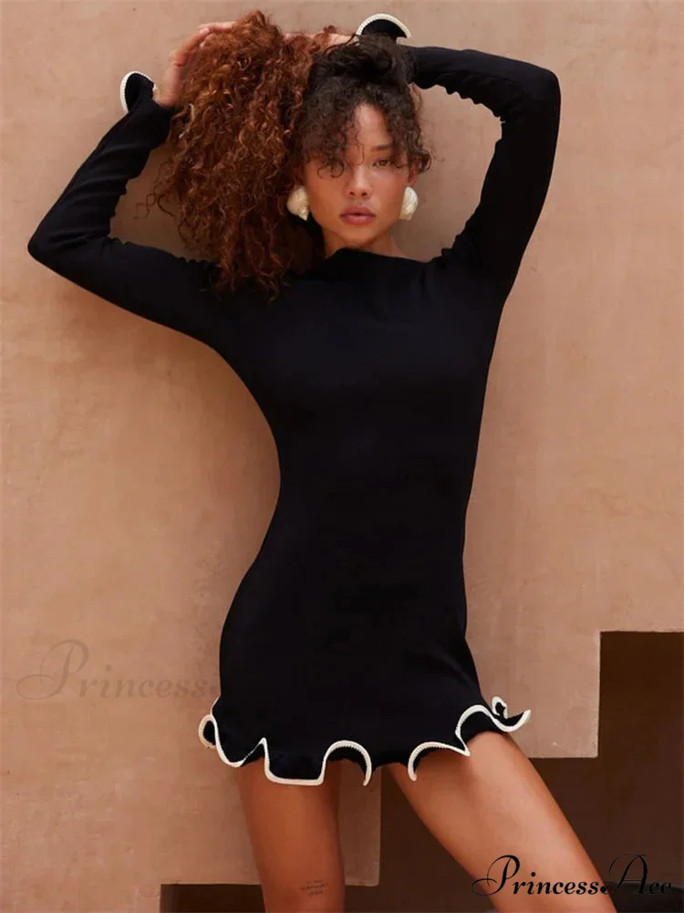 Long Sleeve Knit Charming Ruffled Trim Mini Dress - Image 13