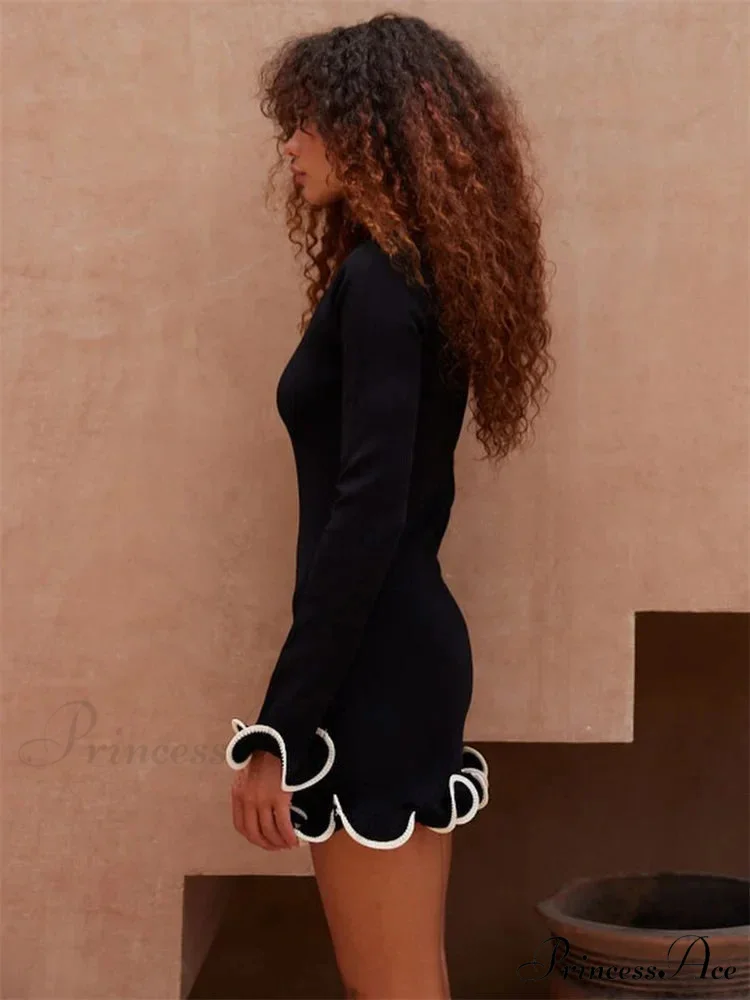 Long Sleeve Knit Charming Ruffled Trim Mini Dress - Image 14