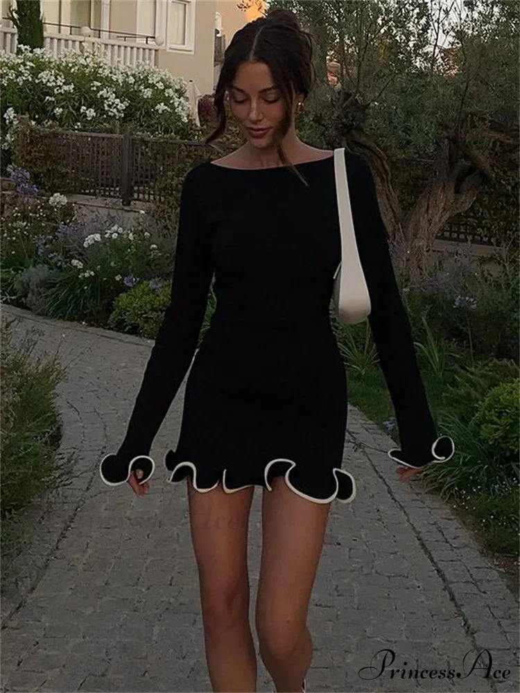 Long Sleeve Knit Charming Ruffled Trim Mini Dress - Image 2