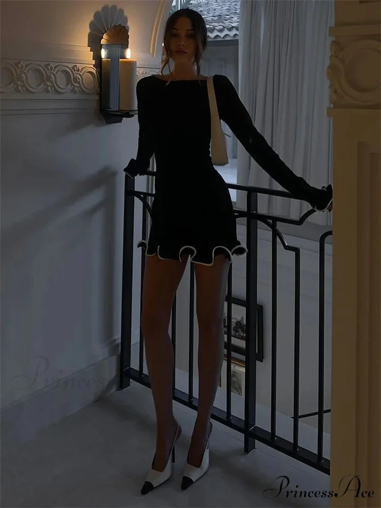Long Sleeve Knit Charming Ruffled Trim Mini Dress - Image 8