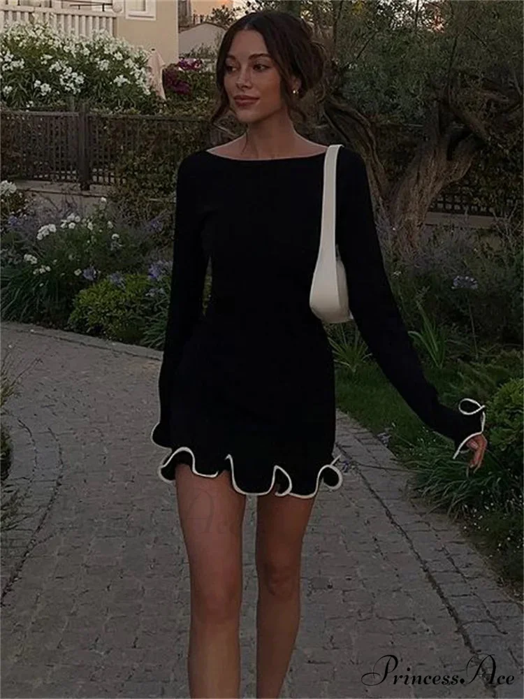 Long Sleeve Knit Charming Ruffled Trim Mini Dress - Image 9