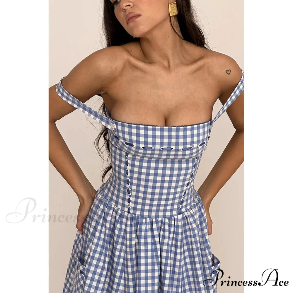 Blue Gingham Stylish Strap Midi Dress - Image 10