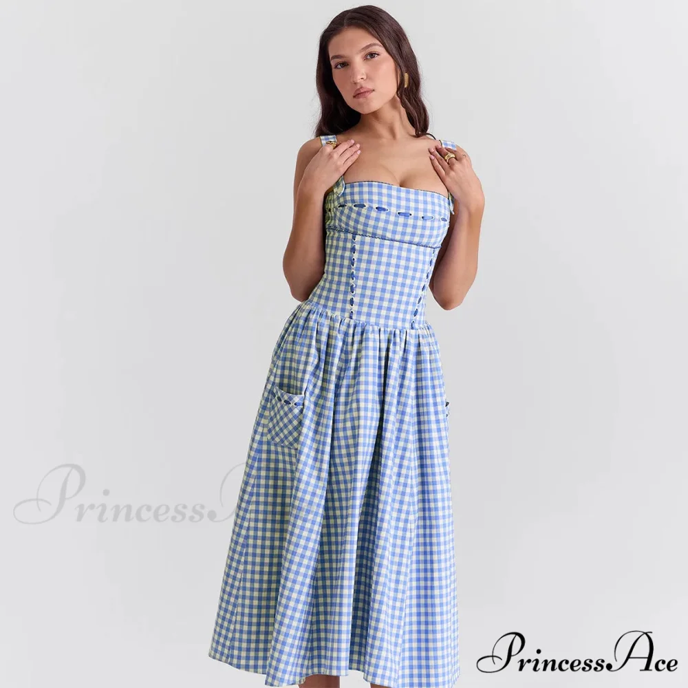 Blue Gingham Stylish Strap Midi Dress - Image 11