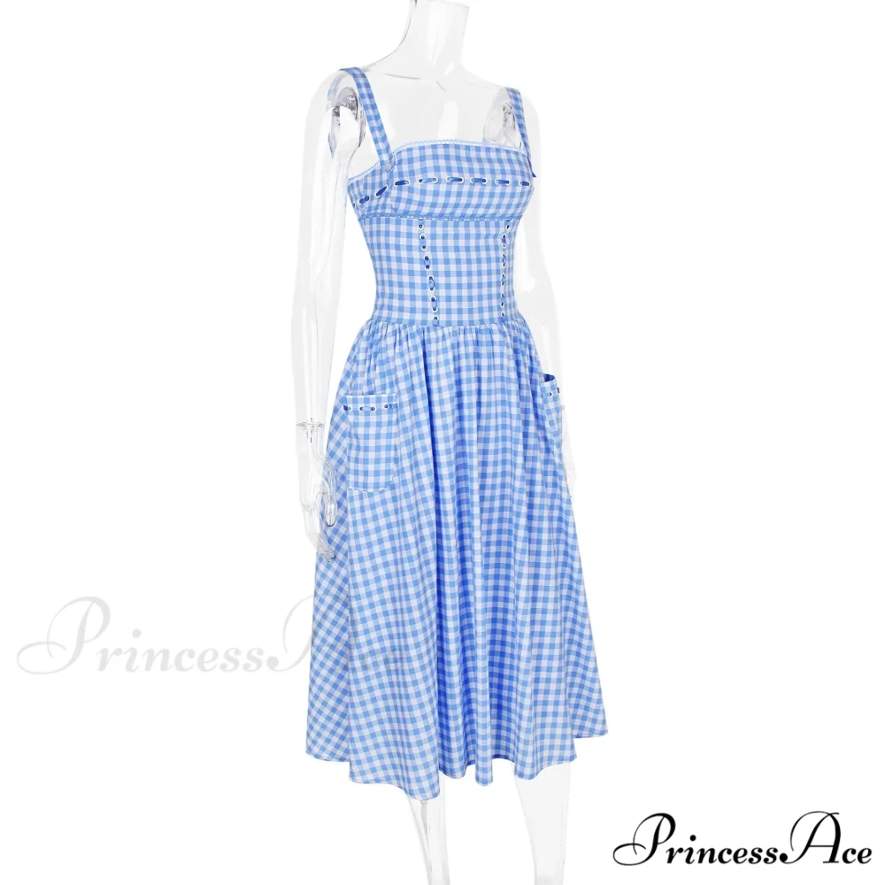 Blue Gingham Stylish Strap Midi Dress - Image 12