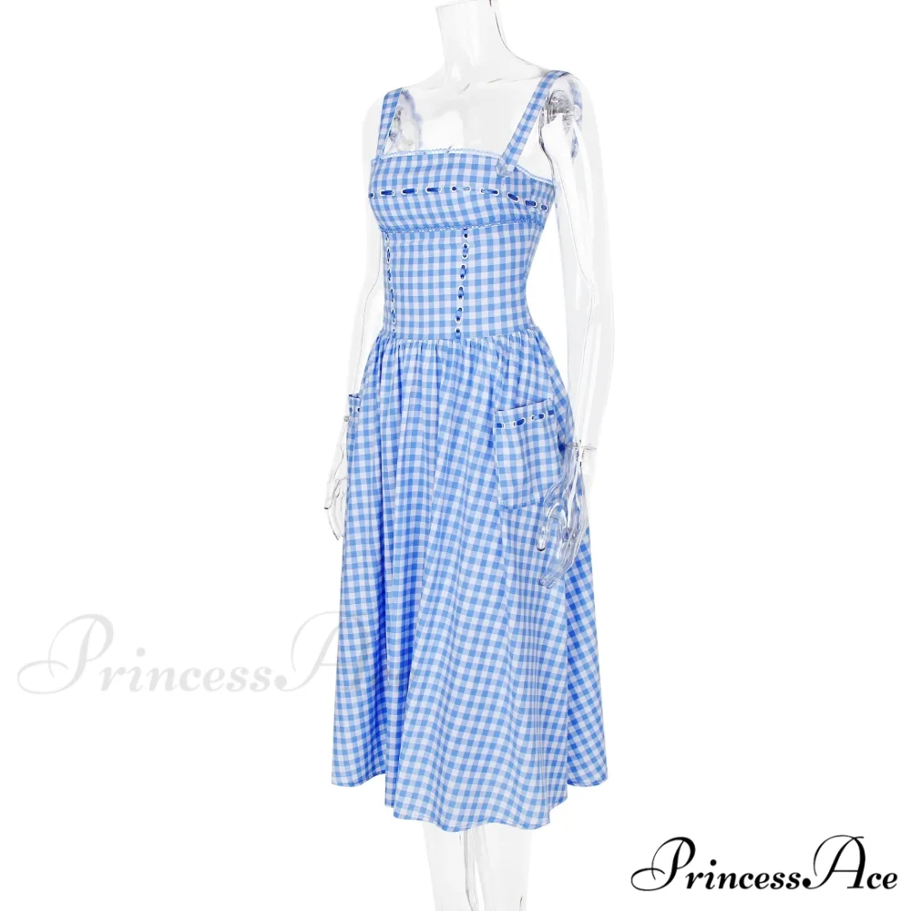 Blue Gingham Stylish Strap Midi Dress - Image 13