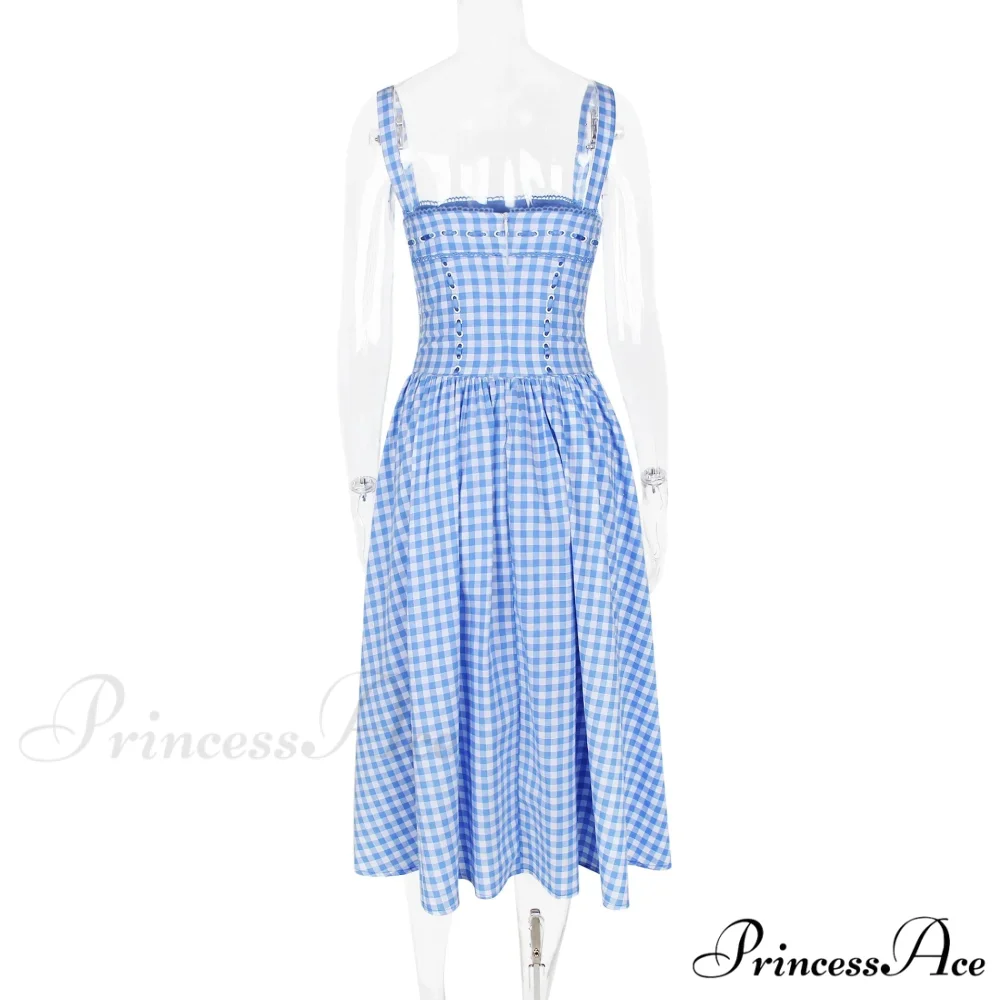 Blue Gingham Stylish Strap Midi Dress - Image 14