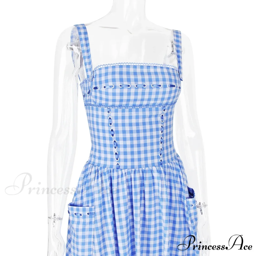 Blue Gingham Stylish Strap Midi Dress - Image 15