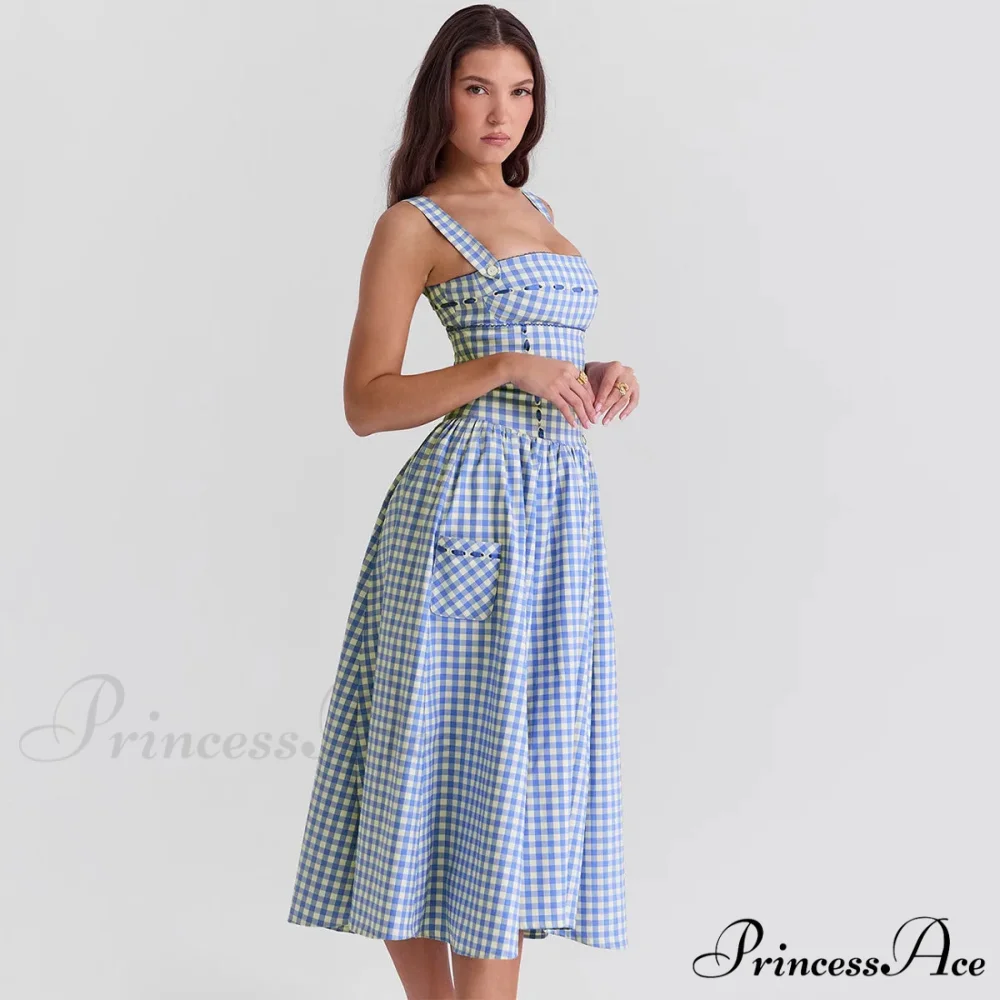 Blue Gingham Stylish Strap Midi Dress - Image 2