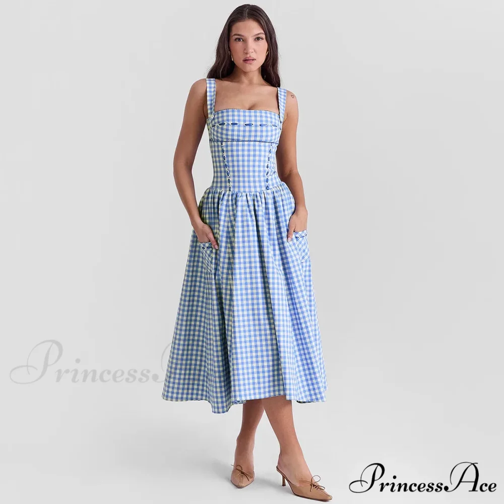 Blue Gingham Stylish Strap Midi Dress - Image 3