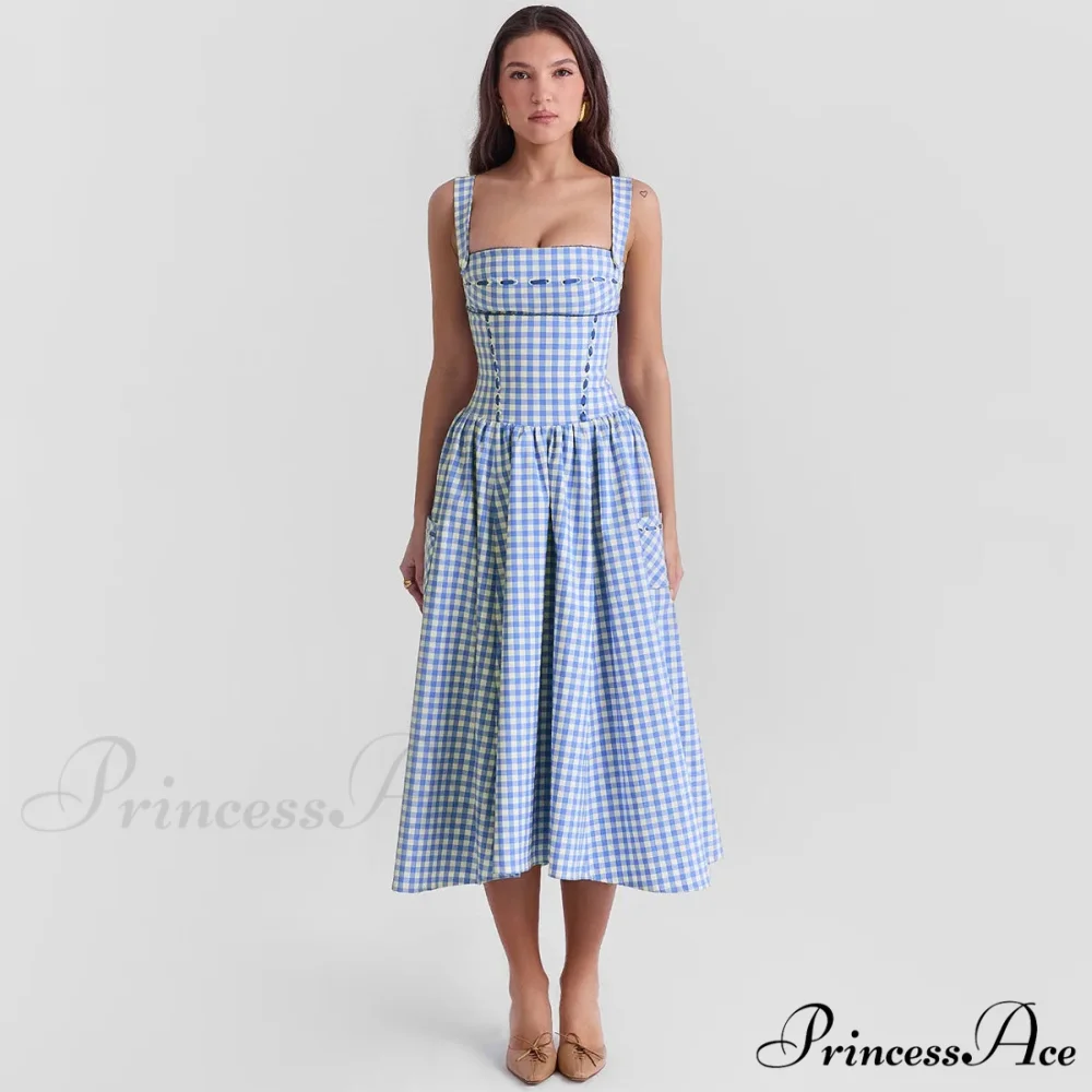 Blue Gingham Stylish Strap Midi Dress - Image 4