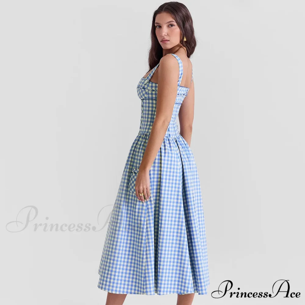Blue Gingham Stylish Strap Midi Dress - Image 5