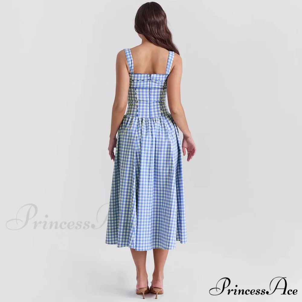 Blue Gingham Stylish Strap Midi Dress - Image 6
