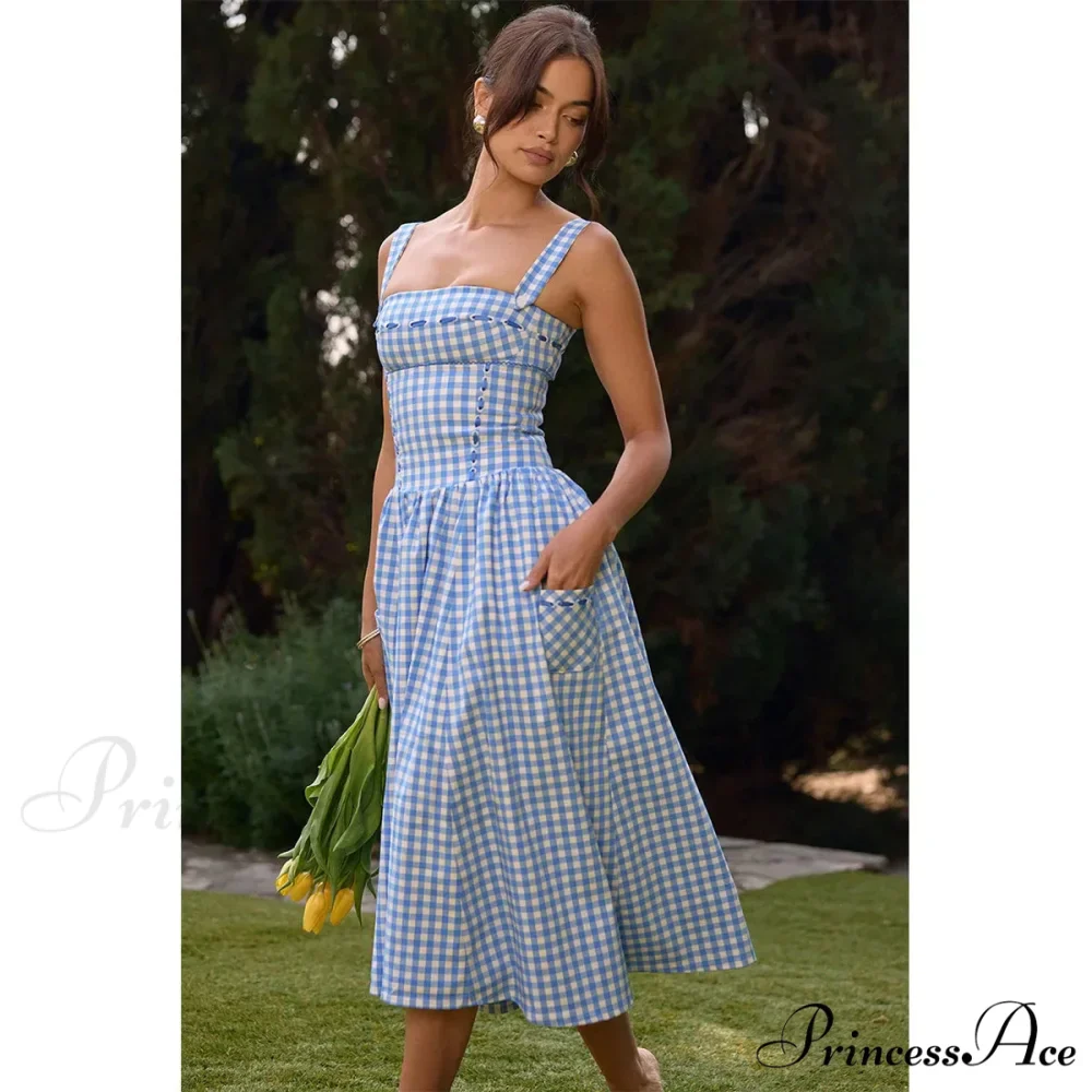 Blue Gingham Stylish Strap Midi Dress - Image 7