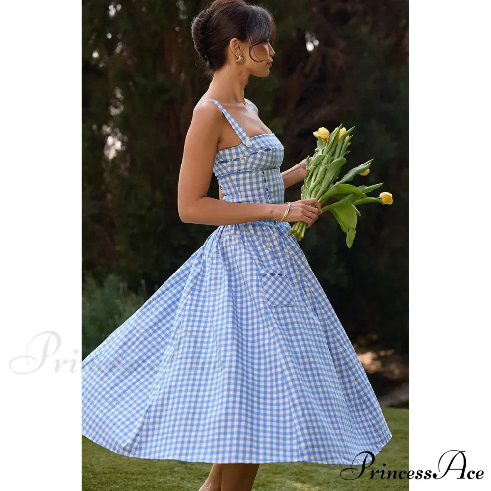 Blue Gingham Stylish Strap Midi Dress - Image 8