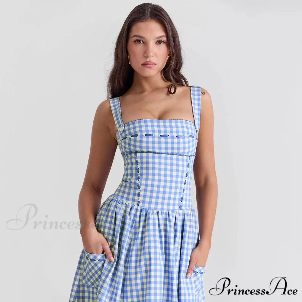 Blue Gingham Stylish Strap Midi Dress - Image 9