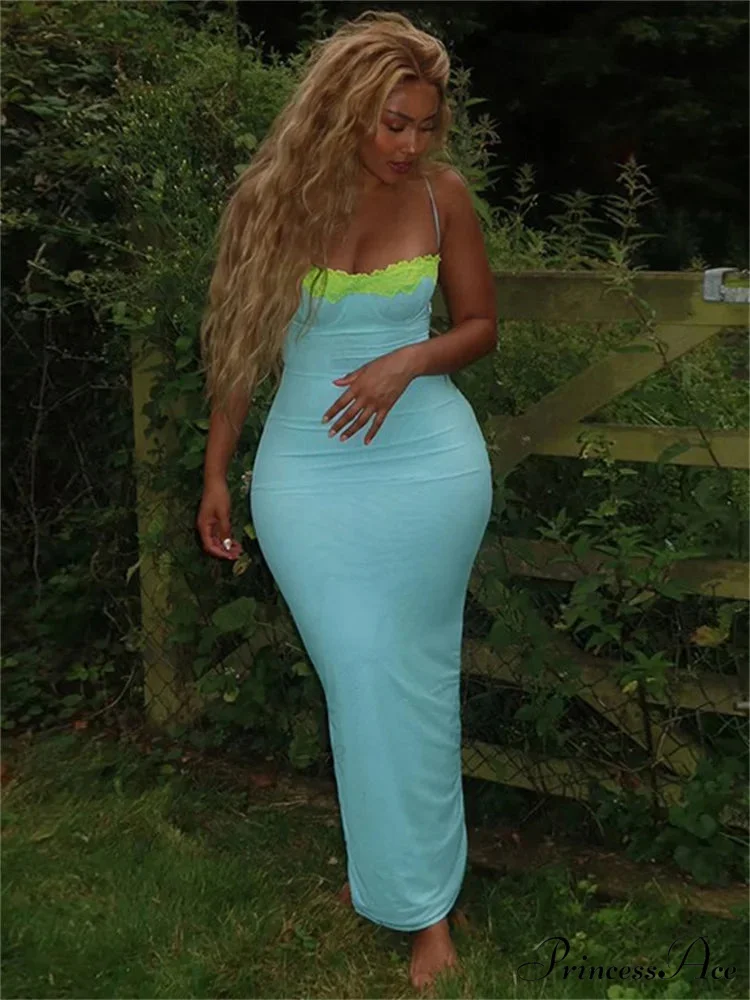 Blue Neon Mesh Charming Strap Bodycon Midi Dress - Image 4