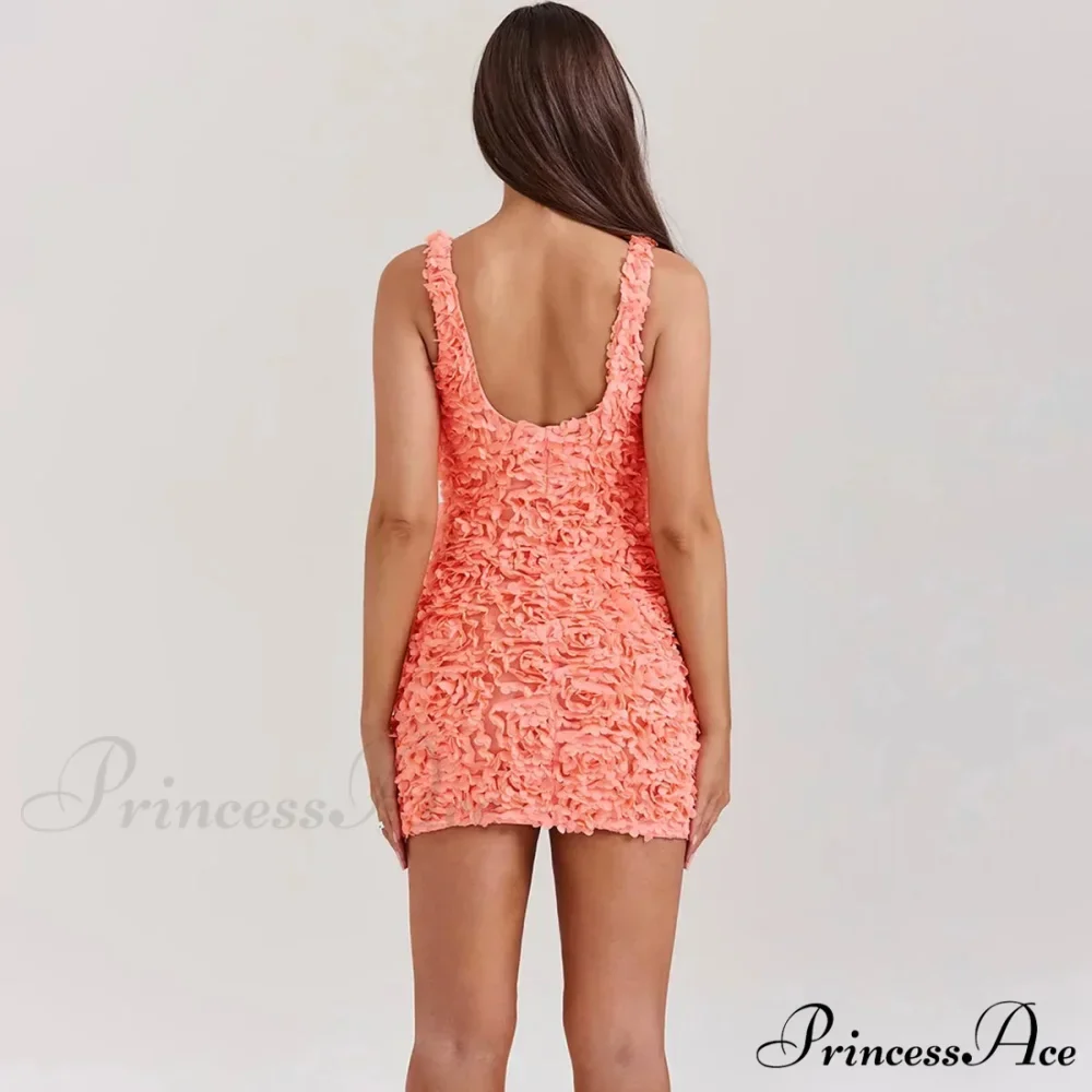 Peach Flowers Textured Charming V-neck Mini Dress - Image 3