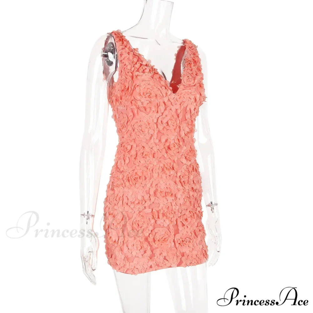 Peach Flowers Textured Charming V-neck Mini Dress - Image 7
