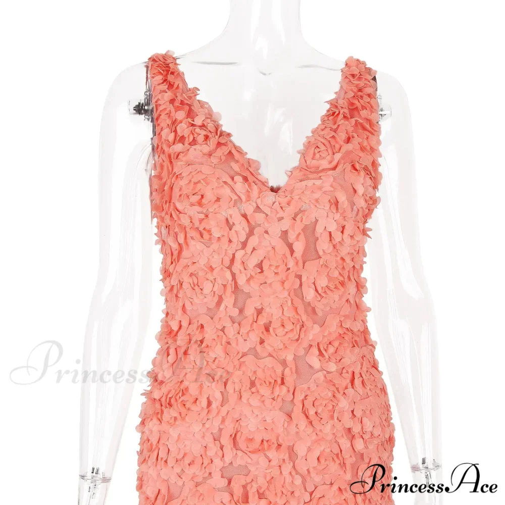 Peach Flowers Textured Charming V-neck Mini Dress - Image 9