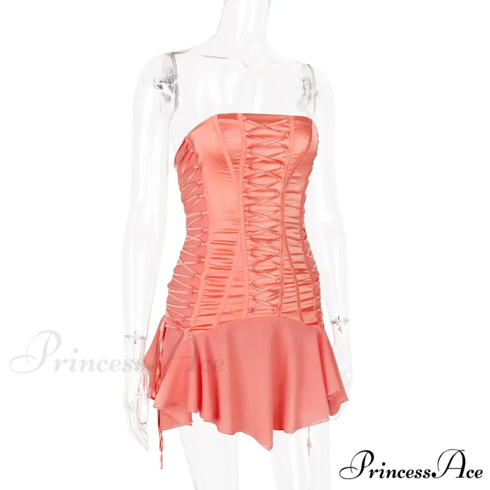 Satin Lace Up Charming Bandage Strapless Mini Dress - Image 14