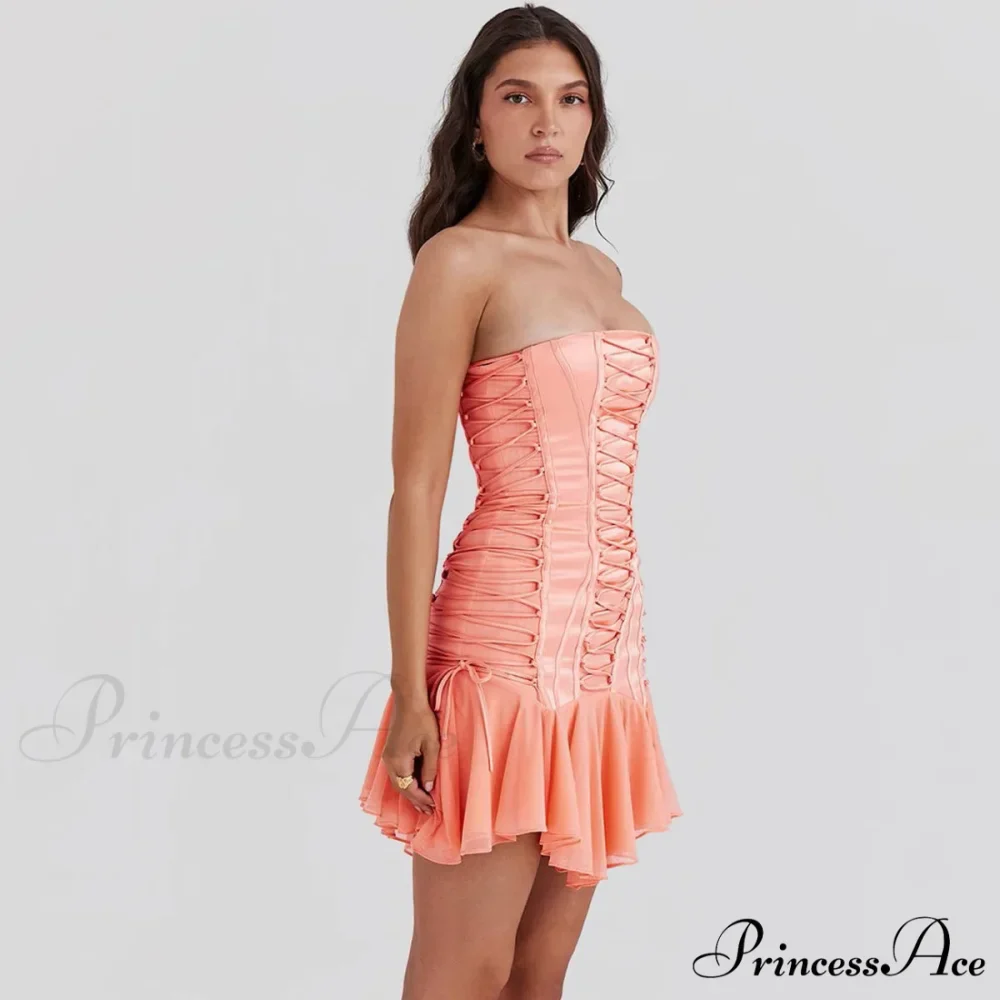 Satin Lace Up Charming Bandage Strapless Mini Dress - Image 4