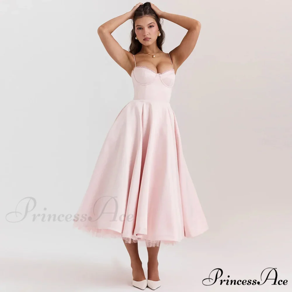 Satin Tulle Flare Charming Strap Cupped Midi Dress - Image 13
