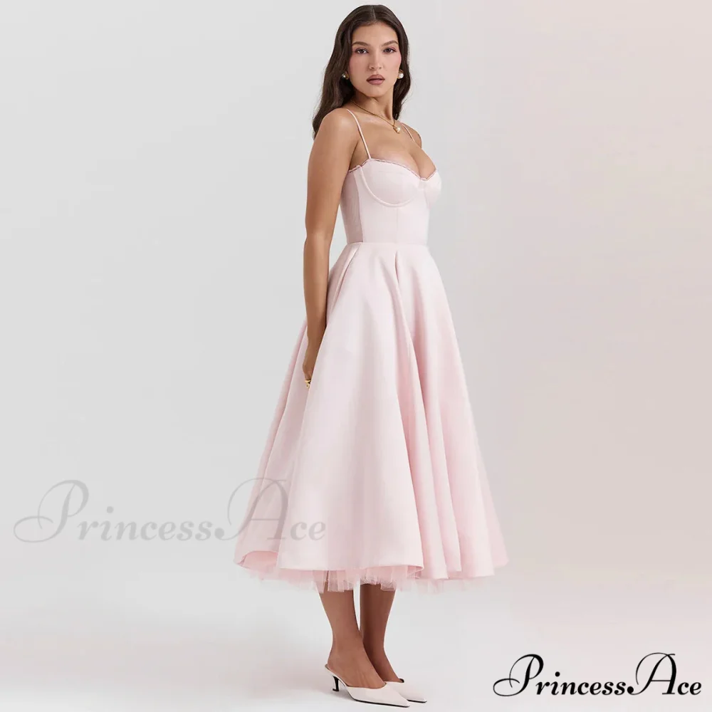 Satin Tulle Flare Charming Strap Cupped Midi Dress - Image 14