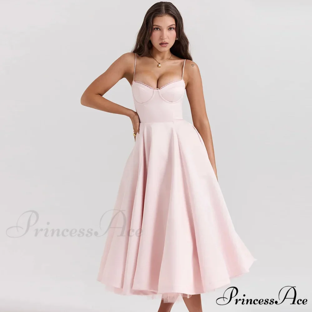Satin Tulle Flare Charming Strap Cupped Midi Dress - Image 15