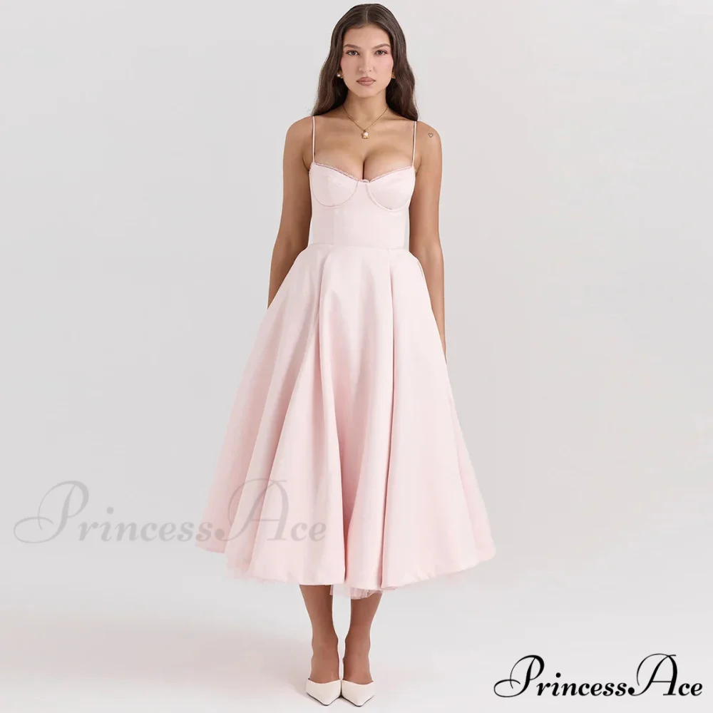 Satin Tulle Flare Charming Strap Cupped Midi Dress - Image 16