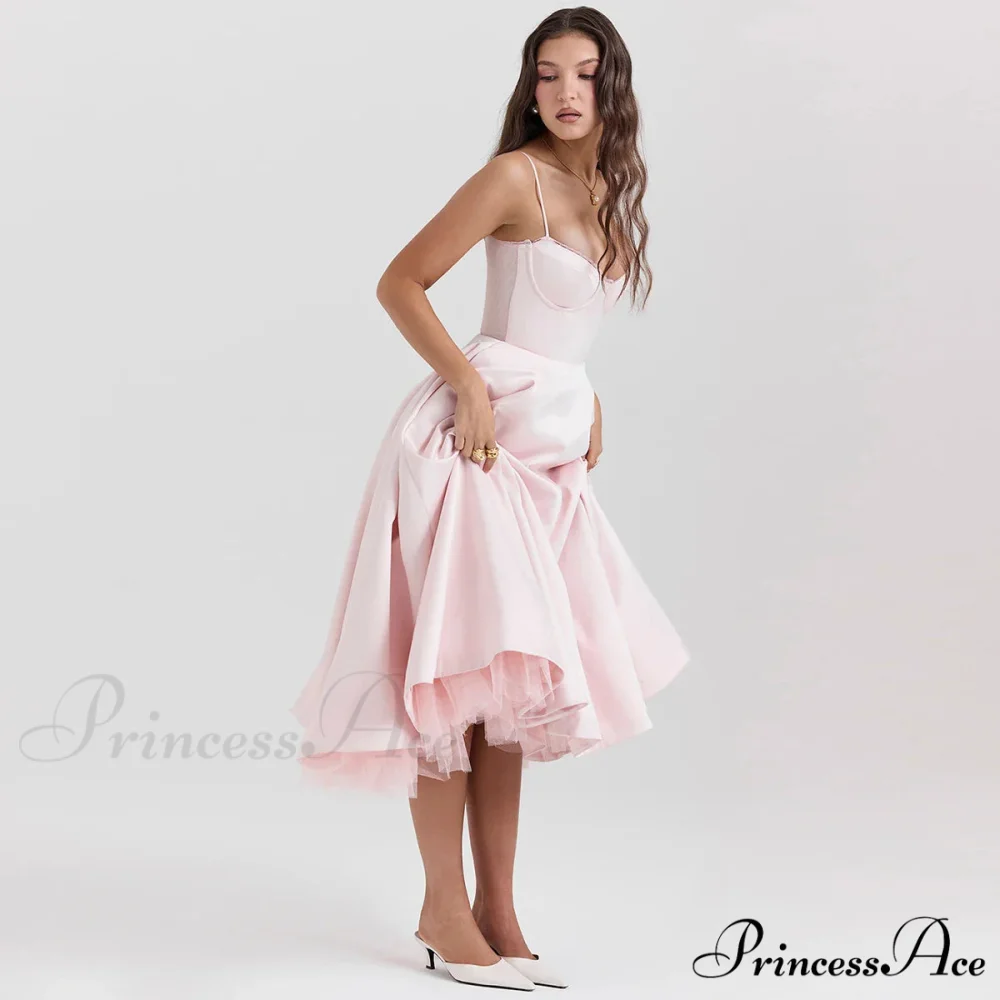 Satin Tulle Flare Charming Strap Cupped Midi Dress - Image 17