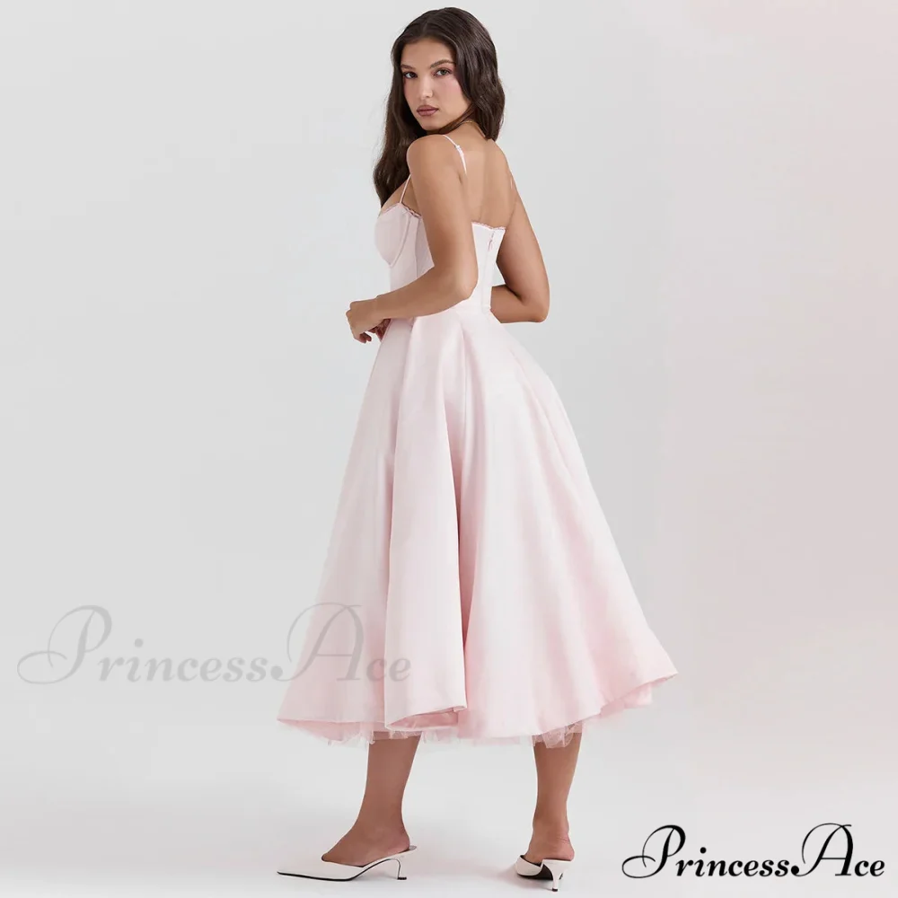 Satin Tulle Flare Charming Strap Cupped Midi Dress - Image 18