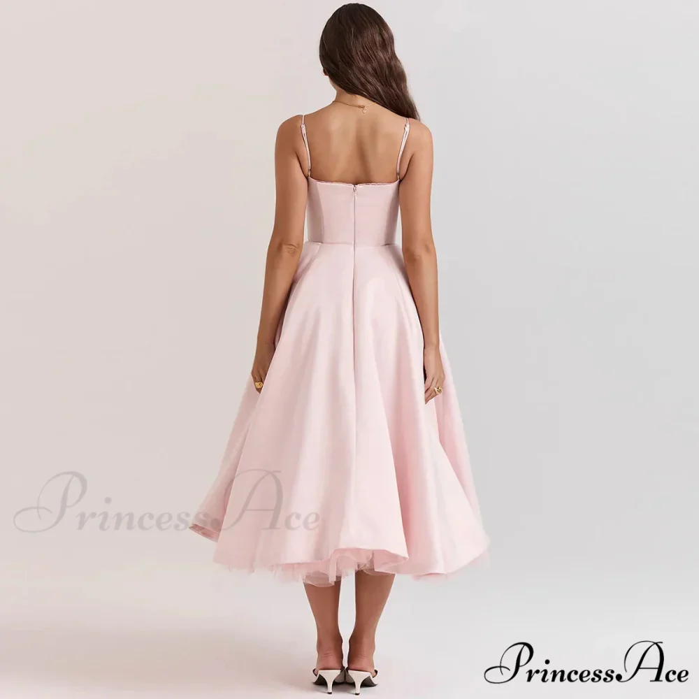 Satin Tulle Flare Charming Strap Cupped Midi Dress - Image 19