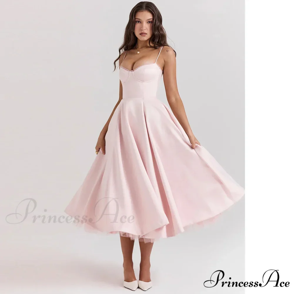 Satin Tulle Flare Charming Strap Cupped Midi Dress - Image 2