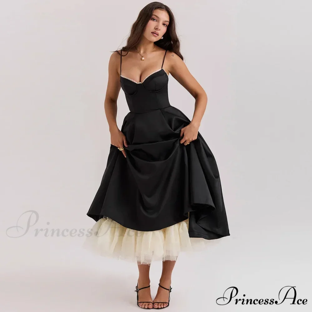 Satin Tulle Flare Charming Strap Cupped Midi Dress - Image 3