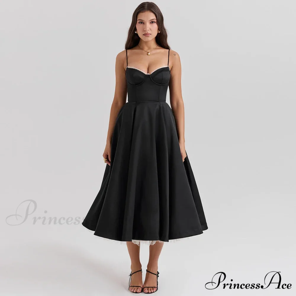 Satin Tulle Flare Charming Strap Cupped Midi Dress - Image 4