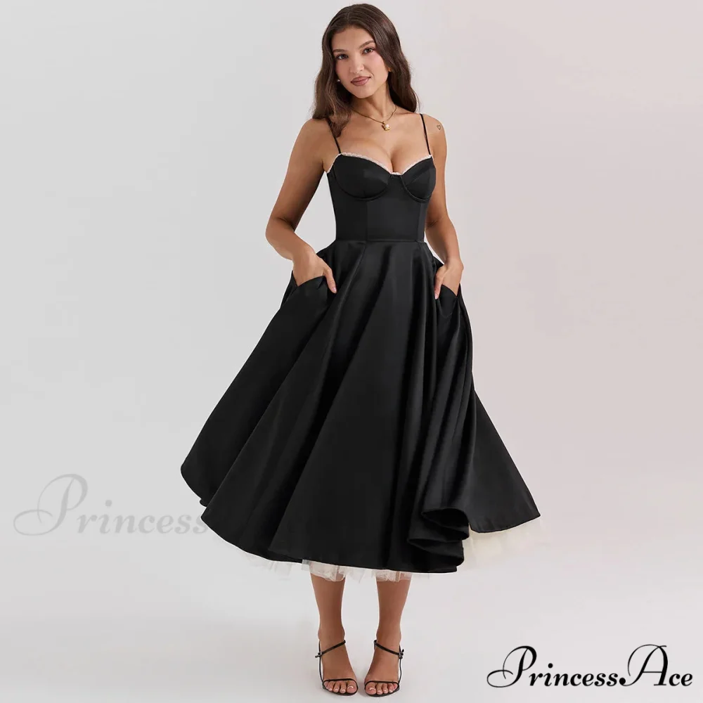 Satin Tulle Flare Charming Strap Cupped Midi Dress - Image 5