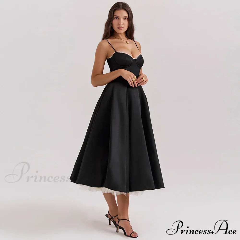 Satin Tulle Flare Charming Strap Cupped Midi Dress - Image 6