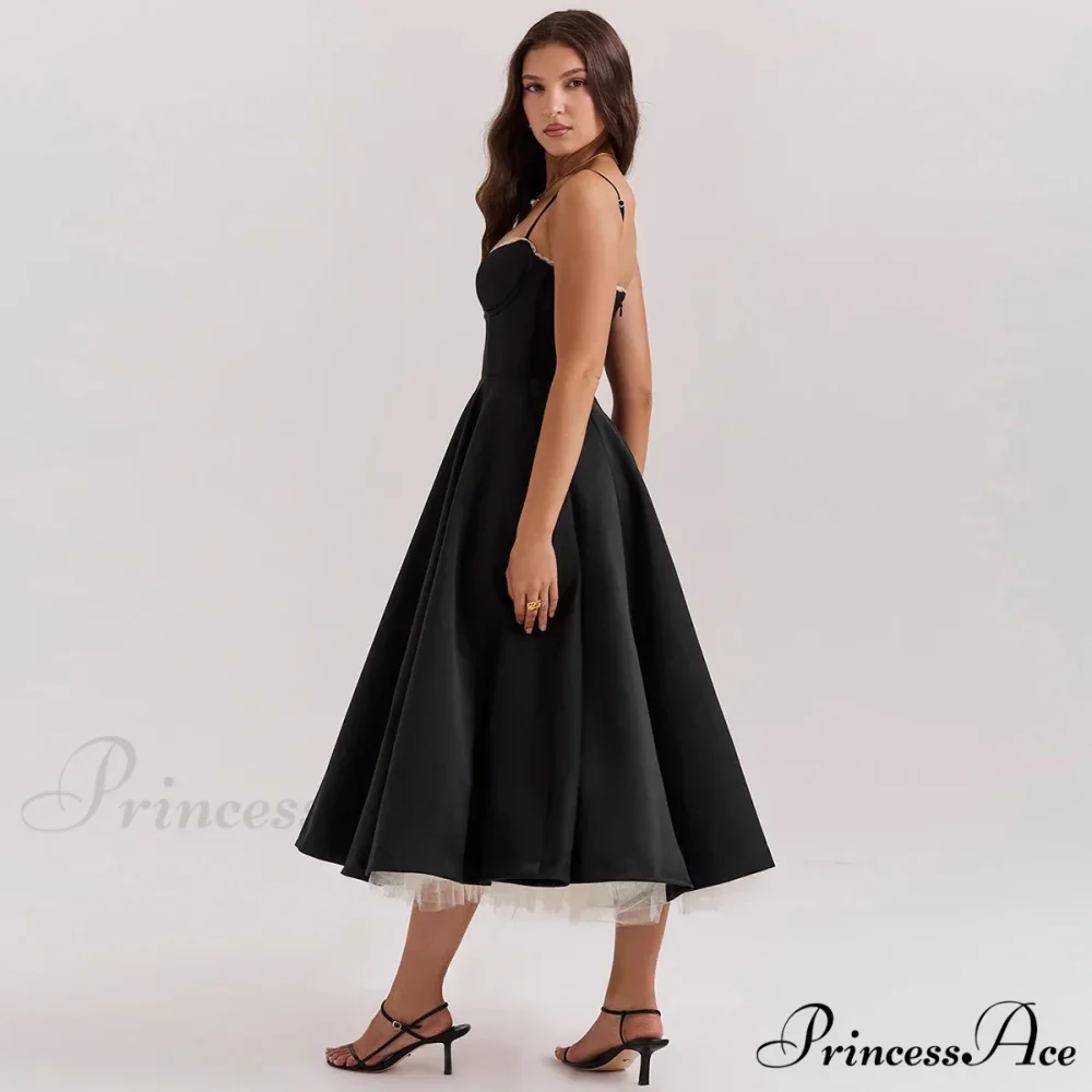 Satin Tulle Flare Charming Strap Cupped Midi Dress - Image 7